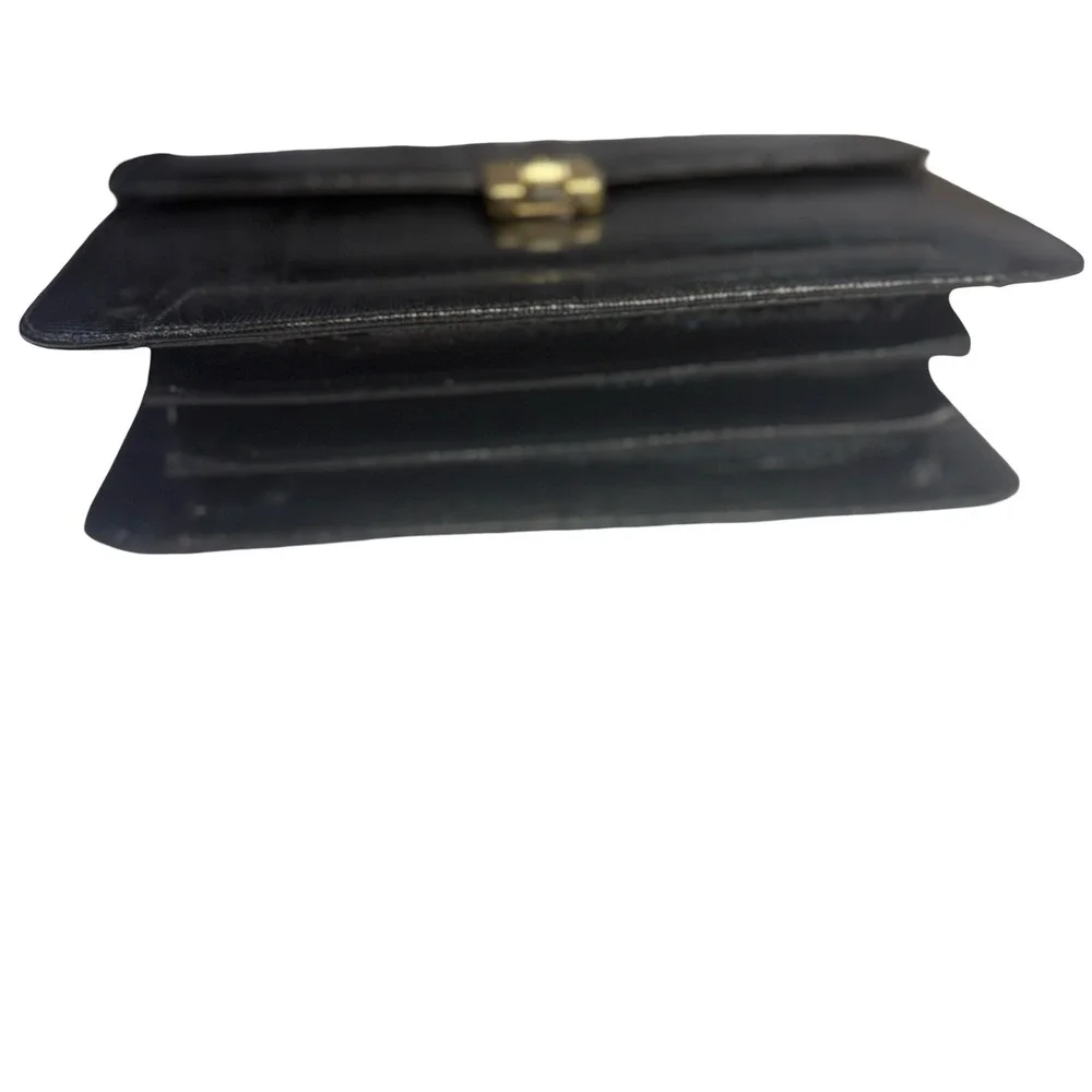 Vintage Black Lizard Embossed Leather Top Handle Strap Purse Bag Gold Hardware